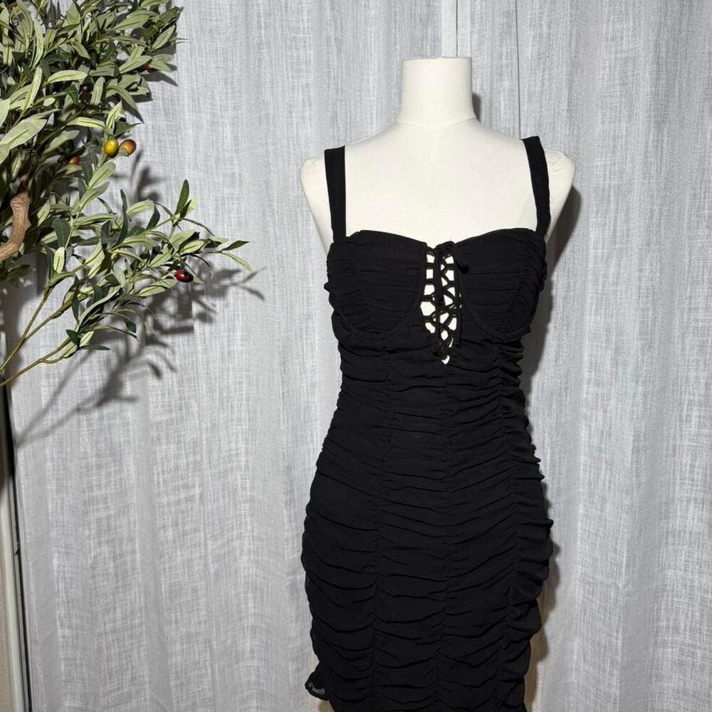 Haute Mode Sexy Women's Little Black Dress Lace up Ruched Mini Bodycon Sz M